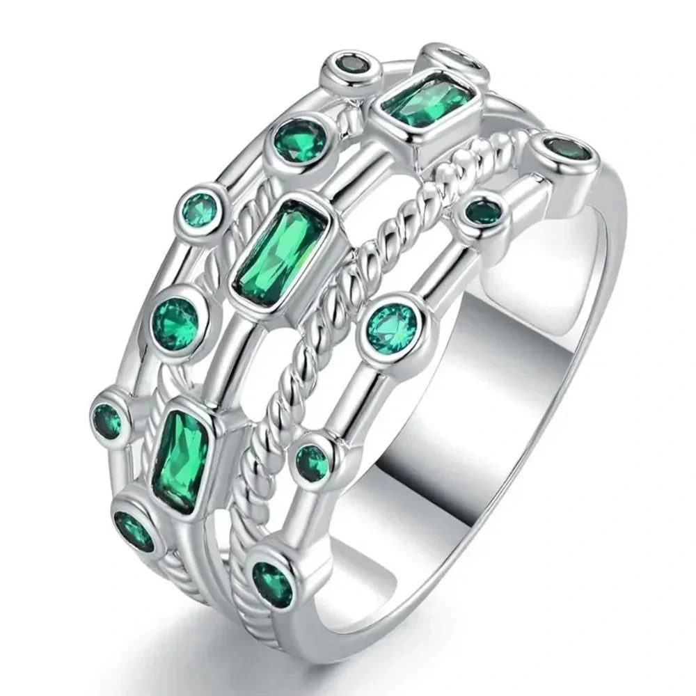 💎925 Silver Plated Green Round Rectangle CZ Double Layer Dainty Ring,UNV…